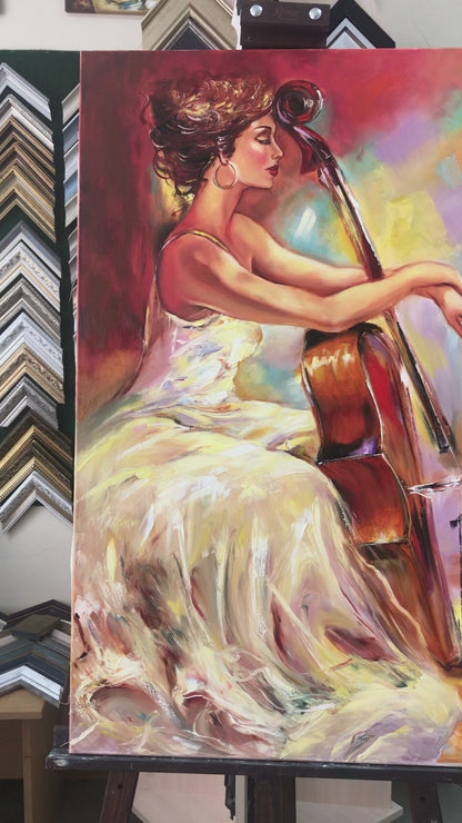 Cellist Oil Painting Original Girl Playing Cello Art Woman in White Dress Painting Cello Gifts Musician Artwork Classical Music Art