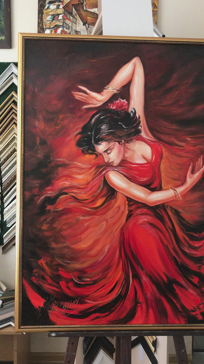 Dancing Girl Painting on Canvas Abstract Woman in Red Dress Painting Sensual Dancer Wall Art Flamenco Dancer Oil Painting Dance Artwork