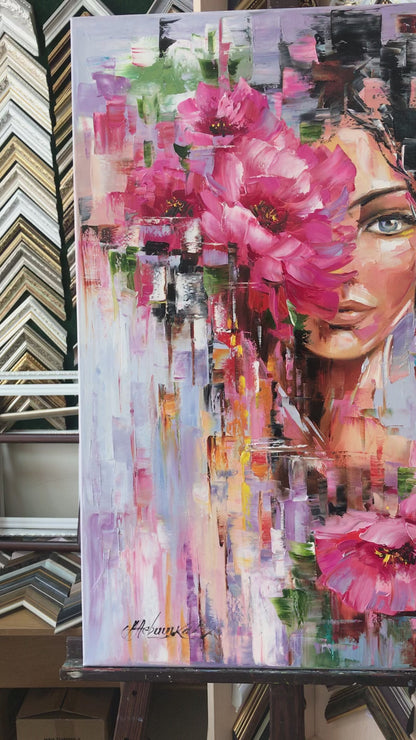 Flower Head Girl Painting Original Woman with Flower Head Wall Art Beautiful Girl with Flowers Painting Abstract Female Face Art