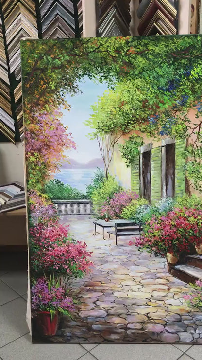Mediterranean Courtyard Oil Painting on Canvas | Tuscan Villa Wall Art | Italian Garden Artwork