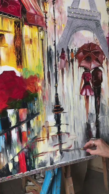 Couple Walking in Paris Oil Painting Original Rainy Day in Paris Street Scene Art Couple Under Red Umbrella Painting on Canvas