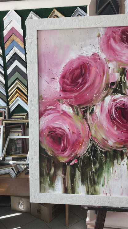 Large Abstract Roses Oil Painting Pink Flowers Canvas Wall Art Luxury Rose Dinning Room Decor Abstract Floral Extra Large Painting 60x40