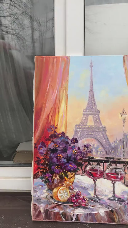 Paris Night Cafe Oil Painting Original Romantic Art Work, Diner Painting, Large Eiffel Tower Wall Art, Cafe Terrace