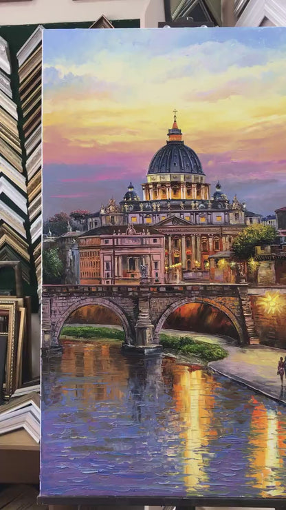 Rome Italy Oil Painting Original Evening in Vatican City Wall Art, Famous St Peter's Basilica Church Artwork