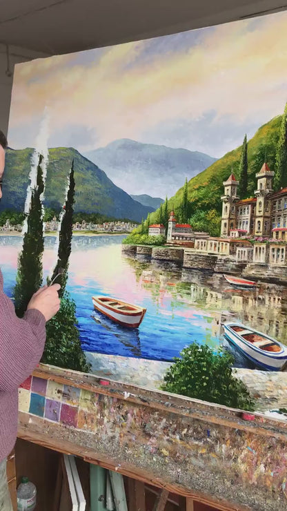 Lake Como Italy Oil Painting Original Famous Bellagio Italy Painting Varenna Wall Art Lago Di Como Italy Paintings