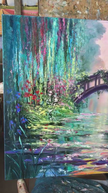 Claude Monet Water Lilies Oil Painting Impressionist Artist Blue and Green Nature Painting, Japanese Bridge Art, Water Lily Pond Artwork