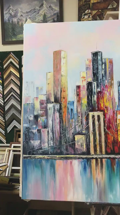 New York City Skyline Abstract Painting Large NYC Framed Wall Art | Manhattan Bridge Urban Landscapes Artwork | City Scapes Art