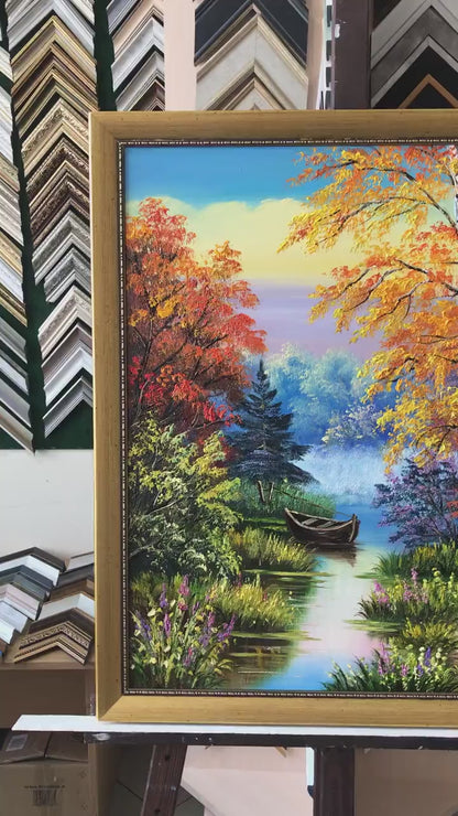 Fall Countryside Oil Painting, Beautiful Scenery Forest Lake Art, Bob Ross Painting Trees on Canvas, Large Autumn Framed Wall Art
