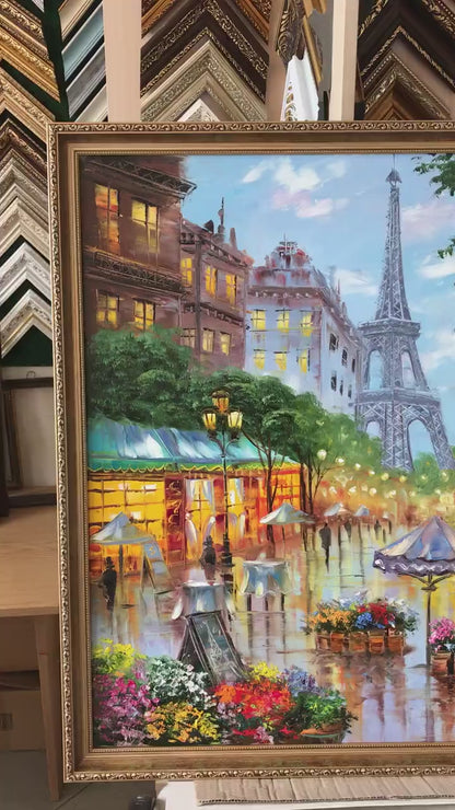 Romantic Paris Street Scene Oil Painting | Large Eiffel Tower Artwork, French Flower Market Painting on Canvas