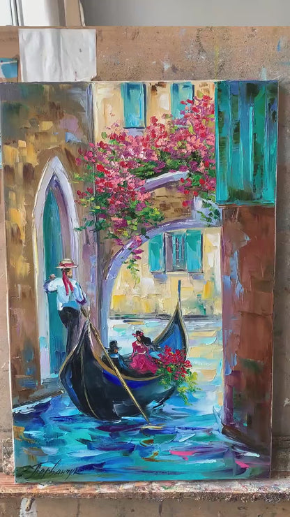 Venetian Painting on Canvas | Original Venice Canal Wall Art | Gondola Boat Oil Painting | Famous Venice Italy Artwork