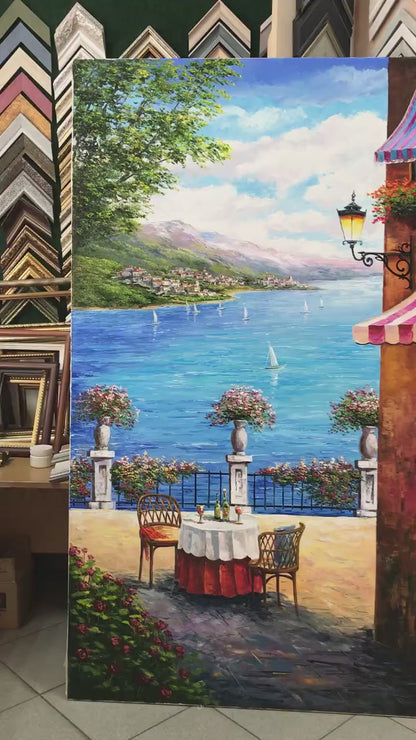 Italy Cafe Painting Original, Amalfi Coast Wall Art, Mediterranean Scenery Oil painting, Sorrento Italy Artwork
