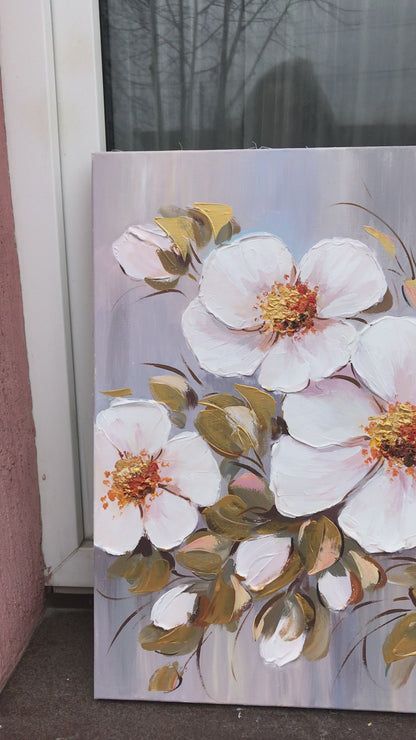 Abstract Flowers Oil Painting Original Cherry Blossom Wall Art White Gold Floral Dining Room Decor Cherry Blossom Art Work Realistic Flower Painting on Canvas