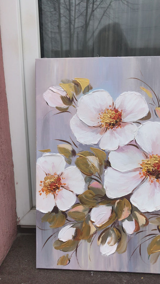 Abstract Flowers Oil Painting Original Cherry Blossom Wall Art White Gold Floral Dining Room Decor Cherry Blossom Art Work Realistic Flower Painting on Canvas
