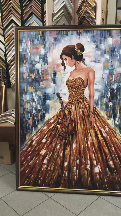 Elegant Lady in Gown Painting | Luxury Classical Music Artwork | Original Violin Woman Oil Painting on Canvas