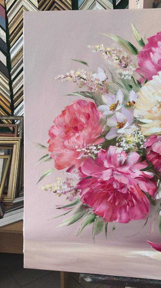 Pink White Peonies Oil Painting Original Large Peony Wall Art Peonies in a Vase Oil Painting on Canvas