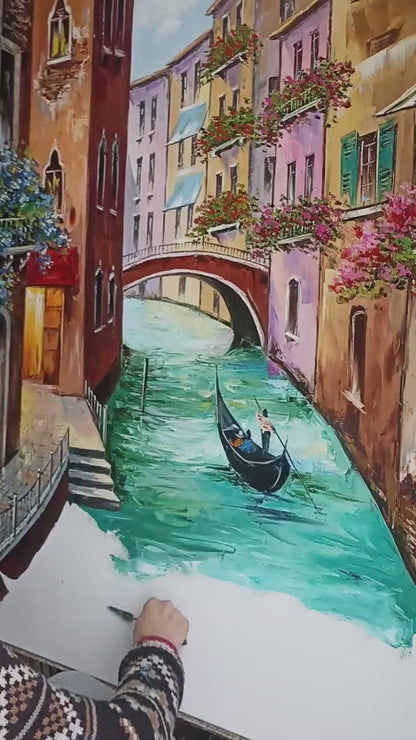 Venice Gondola Boat Painting | Original Hand-Painted Venetian Canal Canvas Artwork | Italian Venezia Art Inspired by Monet