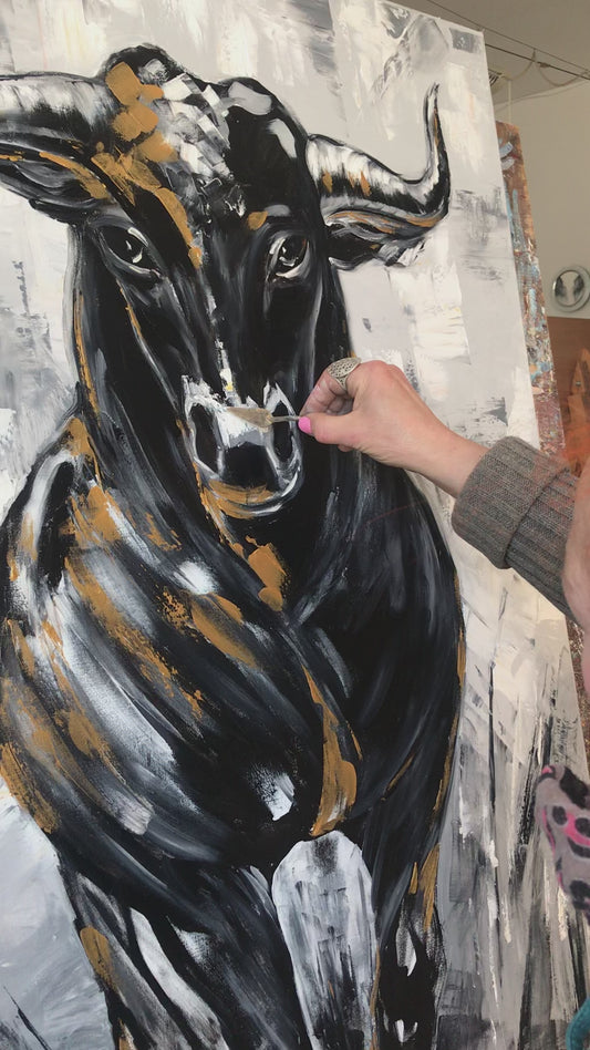 Large Abstract Bull Oil Painting Original Wall Street Bull Wall Art 48x36 Modern Black and White Bull Painting Oversized Painting Abstract