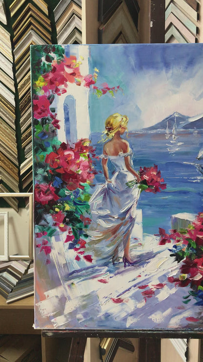Woman at Sea Painting Original Santorini Painting on Canvas Seaside Artwork Girl Looking at the Sea Painting Greece Oil Painting Summer Gift
