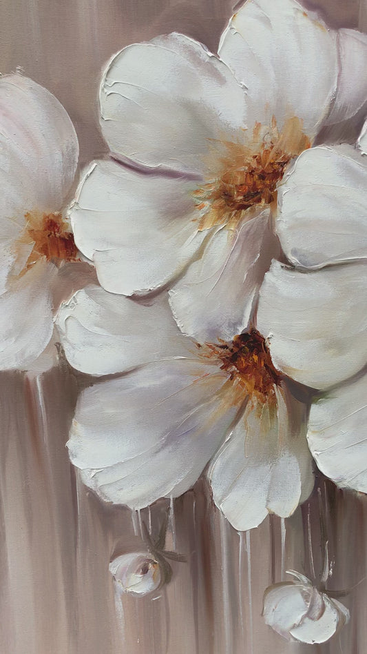 Abstract Flower Oil Painting Large White Flowers Wall Art Modern Floral Artwork Over Bed Art Decor Luxury Flower Painting Above Couch Wall Art