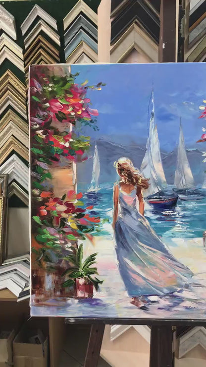 Mediterranean Coastal Village Oil Painting, Woman in Blue Dress Walking by the Sea, Sailboats & Flowers Wall Art, Original Textured Canvas