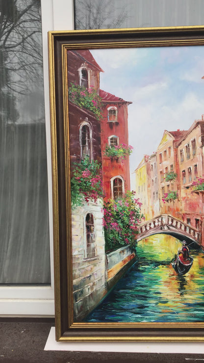 Large Venice Oil Painting Original Italy Canvas Art Gondola Boat Painting Europe Italy Wall Art Framed Venice Grand Canal Oil Painting