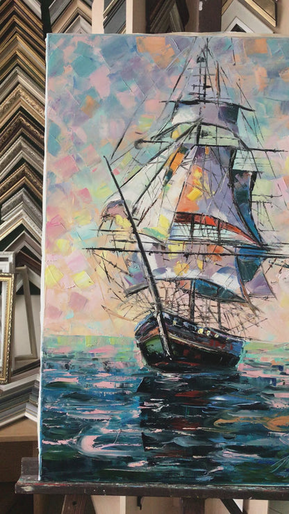 Sailing Ship at Sea Oil Painting, Large Nautical Canvas Wall Art, Abstract Sailboat Paintings, Ocean Themed Living Room Decor