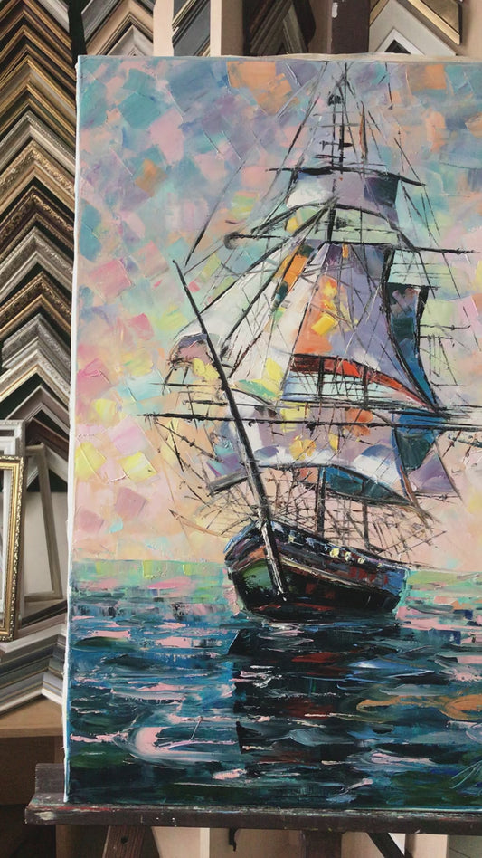 Sailing Ship at Sea Oil Painting, Large Nautical Canvas Wall Art, Abstract Sailboat Paintings, Ocean Themed Living Room Decor