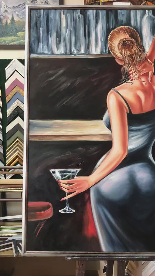 Sexy Woman at the Bar Original Oil Painting | Lady in Blue Dress Canvas Art | Bar and Cocktail Wall Art | Sensual Woman Painting