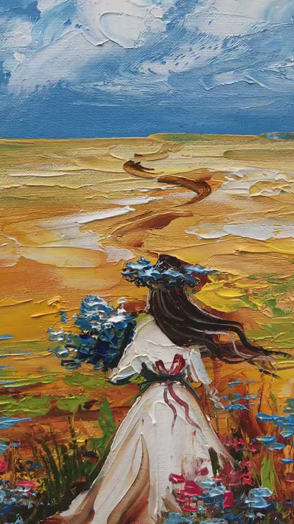 Ukrainian Woman in Flower Field Oil Painting on Canvas | Ukraine Blue & Yellow Wall Art | Ukrainian Folk Art Countryside Landscape Artwork