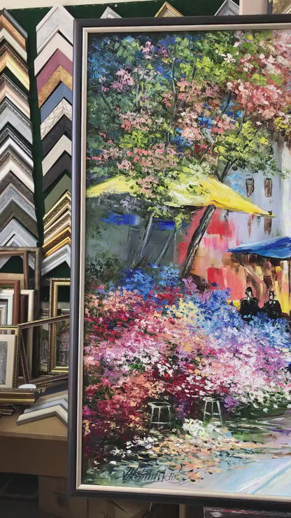 Romantic Oil Painting Original Paris Flower Market Art Couple Walking Together Painting on Canvas French Cafe Artwork