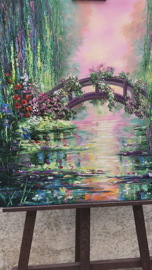 Bridge Over a Pond of Water Lilies Oil Painting Original Claude Monet Water Lily Pond Painting on Canvas Japanese Bridge Art