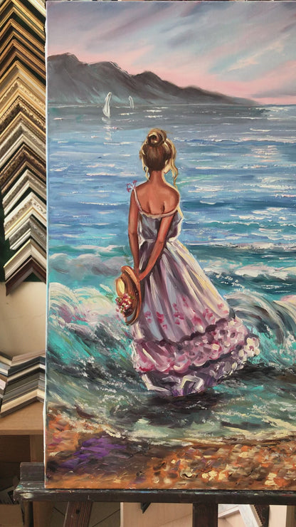 Beach Girl Oil Painting Woman By The Ocean Wall Art Romantic Gift for Her Blue Sea Painting California Beach Wall Art Seashore Art Decor