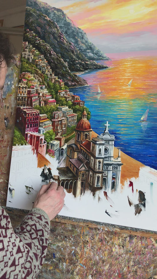 Positano Amalfi Coast Oil Painting Original, Famous Painting Italy Wall Art, Most Beautiful Coastal Italian Towns Painting