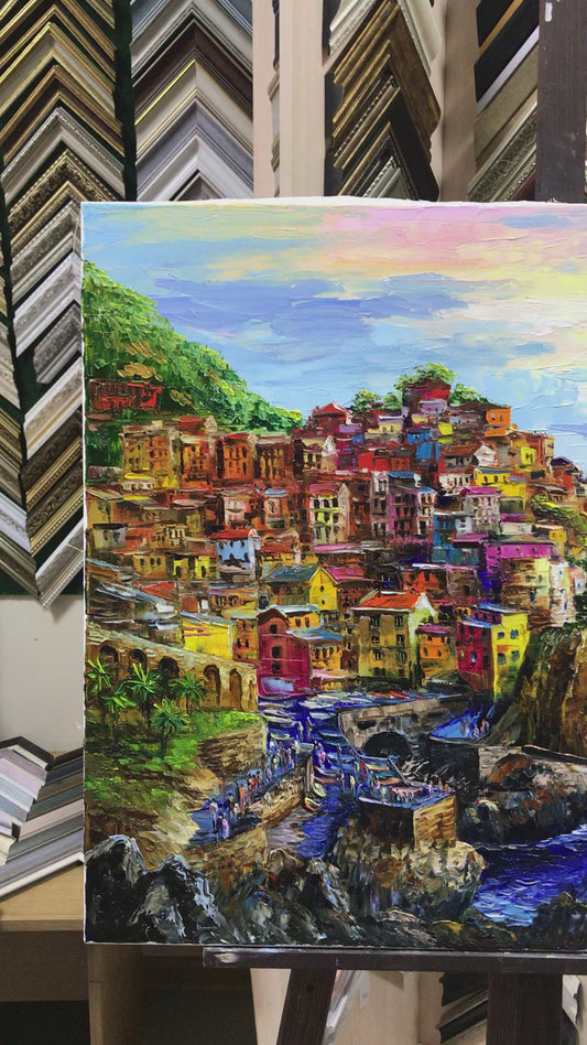 Manarola Cinque Terre Painting on Canvas Italy Oil Painting Italian Landscape Wall Art Italian Village Sunset at Cinque Terre Italy Paintings