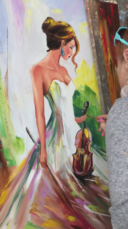 Girl Playing Violin Oil Painting Original, Abstract Female Violinist Art, Musical Artwork