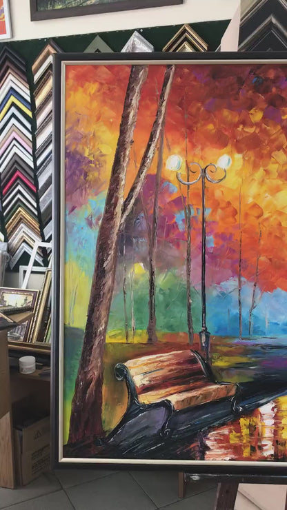 Couple in Park Oil Painting Original Autumn Landscape Painting Fall Wall Art Couple Under Red Umbrella Artwork Beautiful Rainy Day Scene Painting