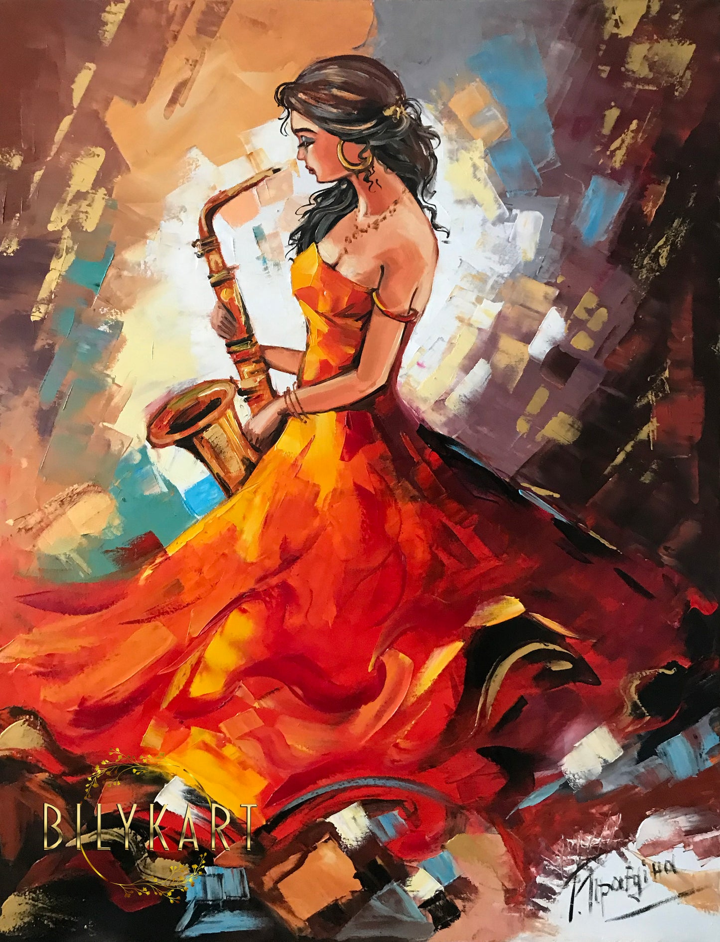 Abstract Girl Playing Saxophone Painting on Canvas, Jazz Woman Art, Elegant Lady in Red Dress Oil Painting