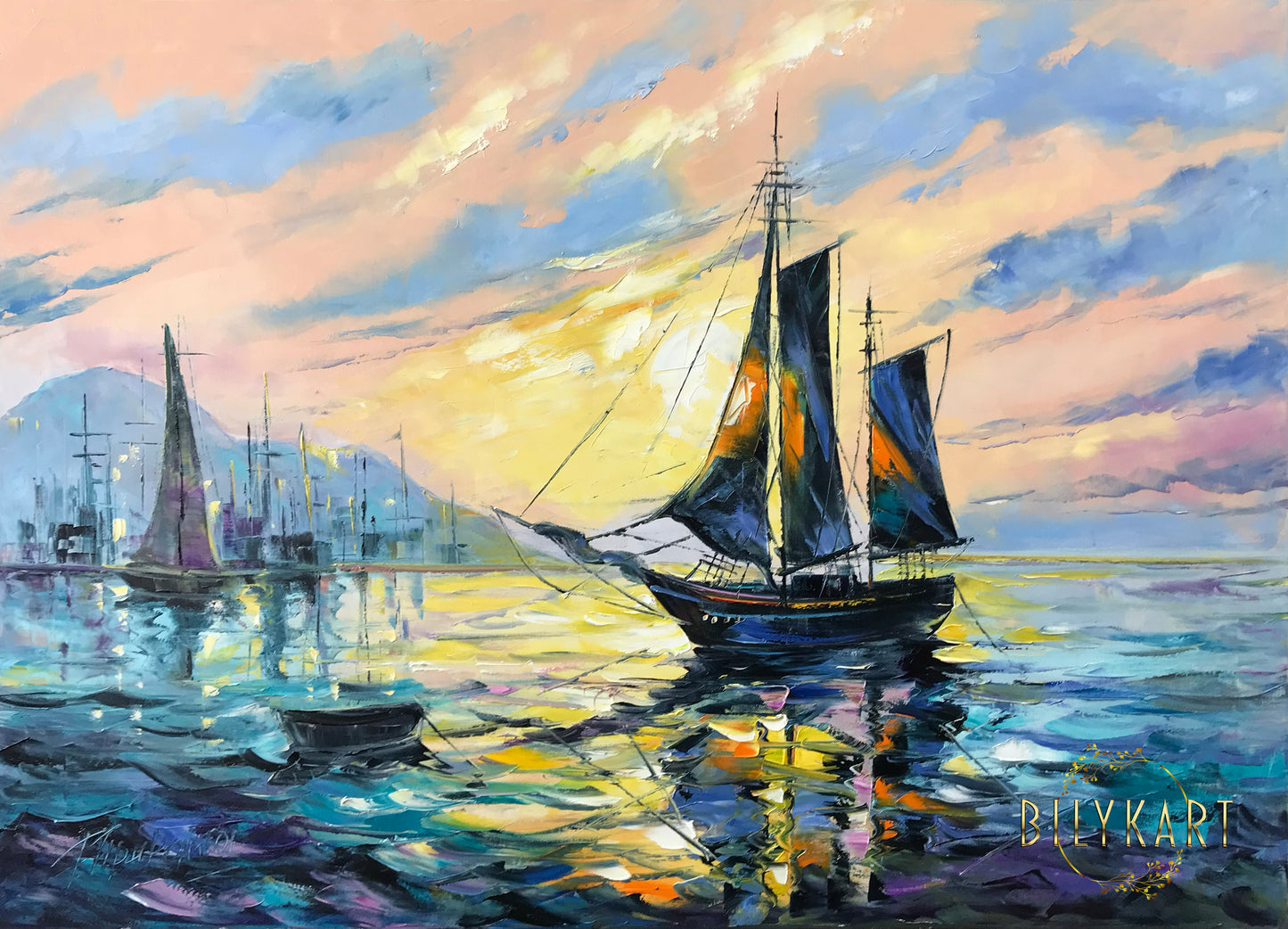 Sailing Boat at Sunset Oil Painting Original Tall Sailing Ship Wall Art Decor Ship at Sea Painting on Canvas
