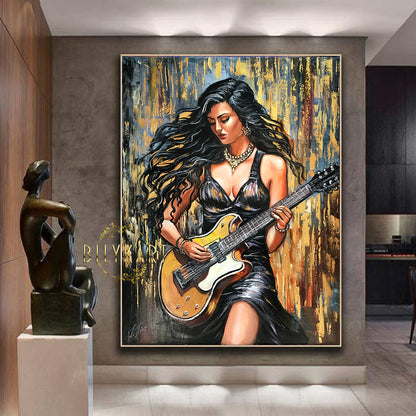 Woman Playing Guitar Painting on Canvas Female Guitarist Art Woman Guitarist Oil Painting Electric Guitar Artwork