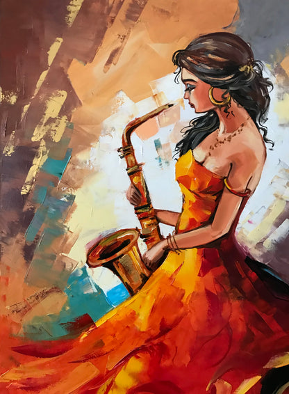 Abstract Girl Playing Saxophone Painting on Canvas, Jazz Woman Art, Elegant Lady in Red Dress Oil Painting