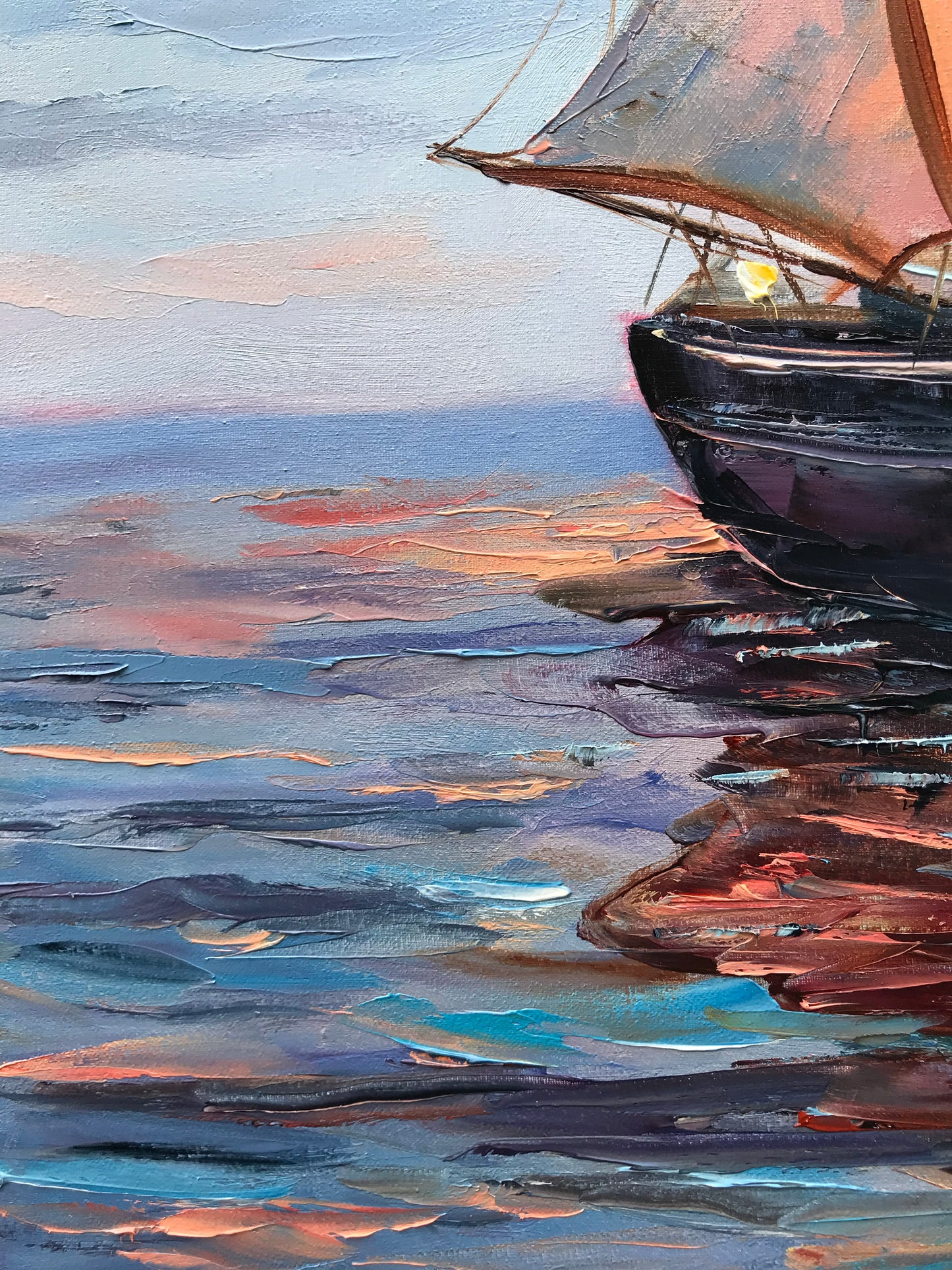 Ship Sunset Painting on Canvas, Smooth Sailing Wall Art, Buy Sailing Ship at Sea Oil Painting Original