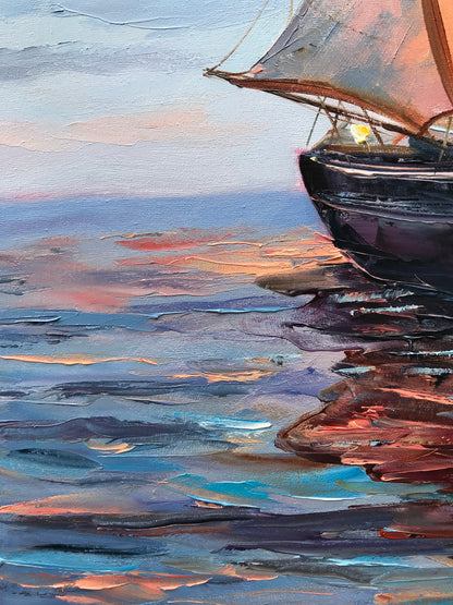 Ship Sunset Painting on Canvas, Smooth Sailing Wall Art, Buy Sailing Ship at Sea Oil Painting Original