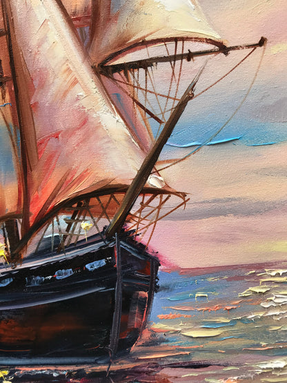 Ship Sunset Painting on Canvas, Smooth Sailing Wall Art, Buy Sailing Ship at Sea Oil Painting Original