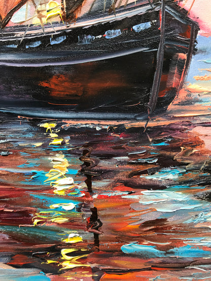 Ship Sunset Painting on Canvas, Smooth Sailing Wall Art, Buy Sailing Ship at Sea Oil Painting Original