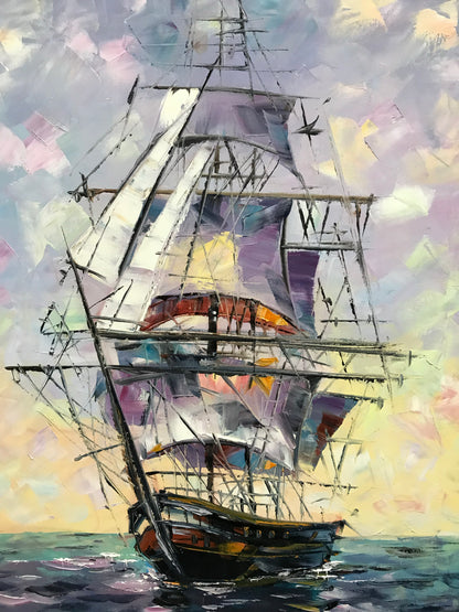 Abstract Sailboat Paintings on Canvas Large Sailboat Wall Art Sailing Ship in Ocean Oil Painting Original Big Sail Boat Painting