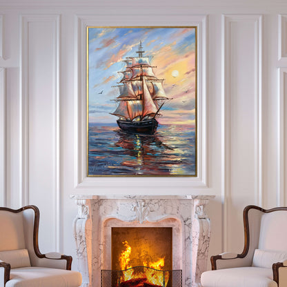 Ship Sunset Painting on Canvas, Smooth Sailing Wall Art, Buy Sailing Ship at Sea Oil Painting Original