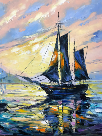 Sailing Boat at Sunset Oil Painting Original Tall Sailing Ship Wall Art Decor Ship at Sea Painting on Canvas