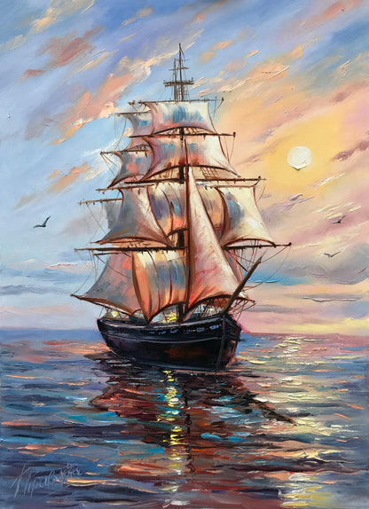 Ship Sunset Painting on Canvas, Smooth Sailing Wall Art, Buy Sailing Ship at Sea Oil Painting Original