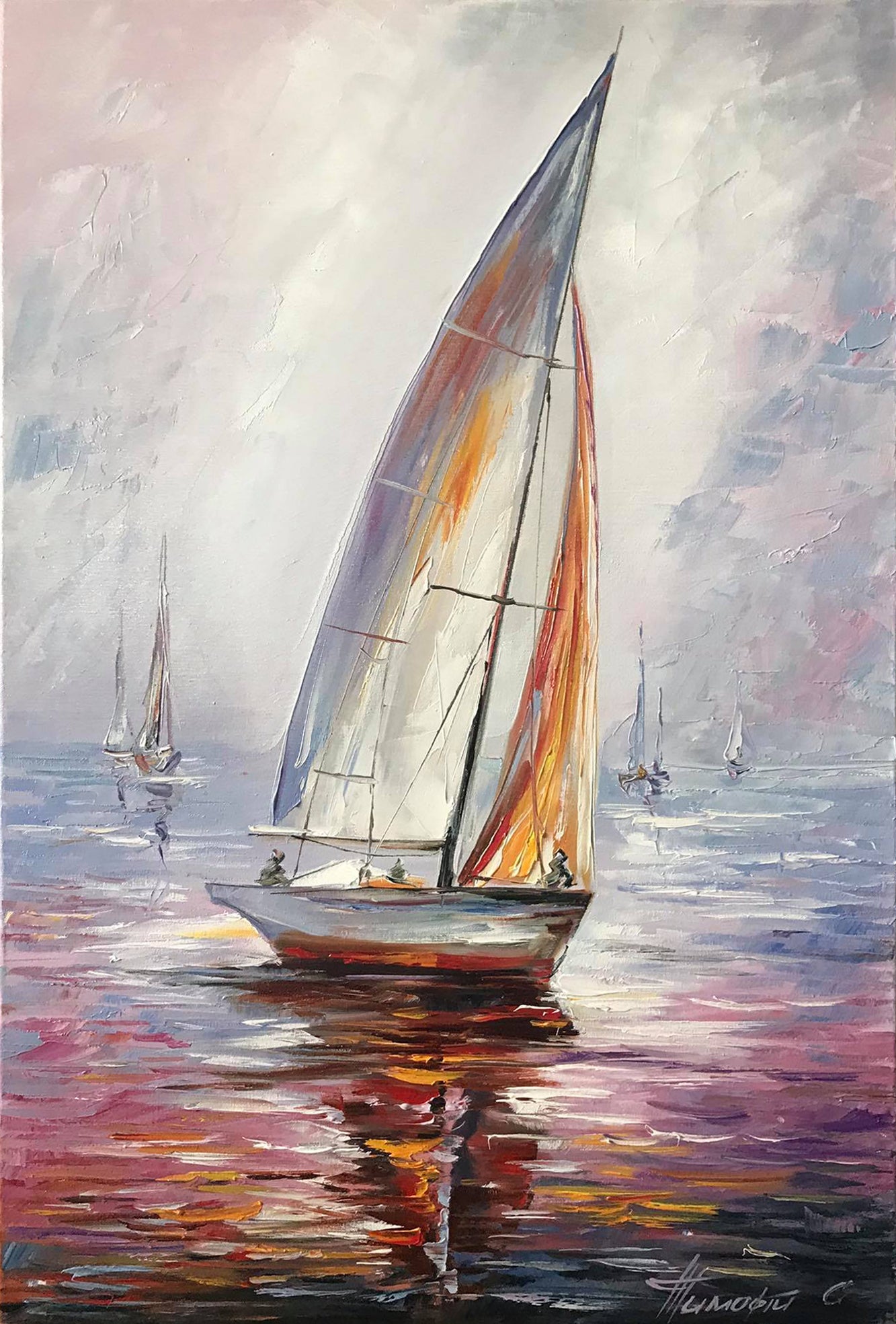 Sail Boat Painting Sunset Oil Painting Original Sea boat Art Decor Harbor Painting Framed Ship Wall Art Canvas Boat Yacht Oil Painting