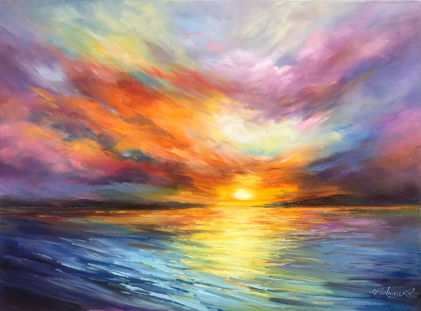 Abstract Sunset Oil Painting Original Ocean Sunset Wall Art Colorful Seascape Paintings on Canvas Sea Sunset Aartwork